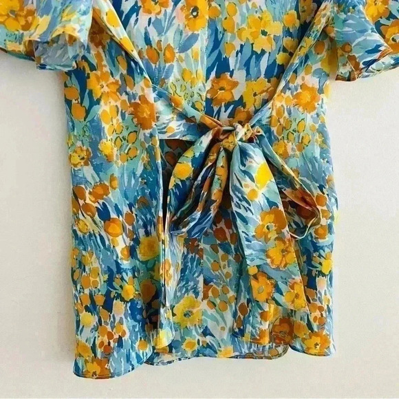 New J. McLaughlin Yellow Blue Floral Blouse Top Linen Blend - Picture 11 of 15